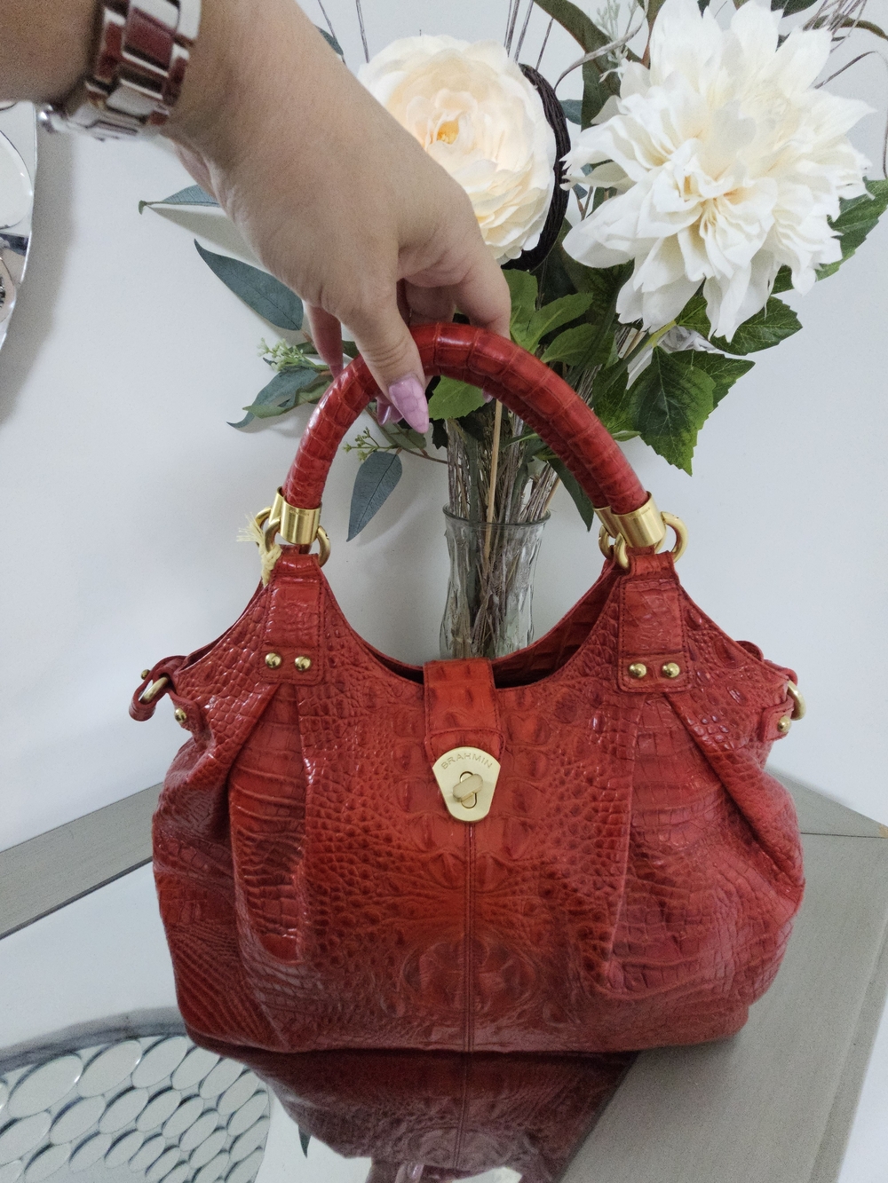 Brahmin Red Croc-Embossed Leather Handbag with Gold Hardware
